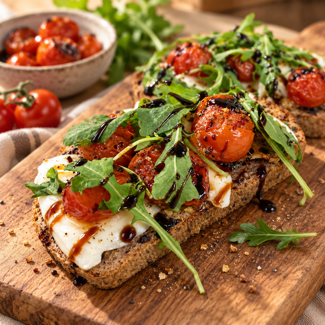 Roasted Tomato, Mozzarella and Arugula Toast on Olive & Rosemary Bread