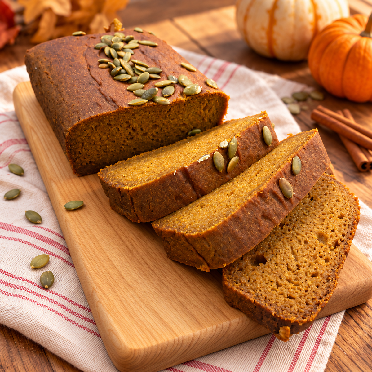 Deux Pâtes vegan gluten-free pumpkin bread loaf, sliced, topped with pumpkin seeds